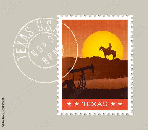Texas postage stamp design. 
Vector illustration of scenic landscape. Grunge postmark on separate layer