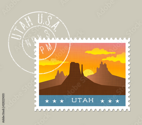 Utah postage stamp design. 
Vector illustration of monument valley at sunset. Grunge postmark on separate layer