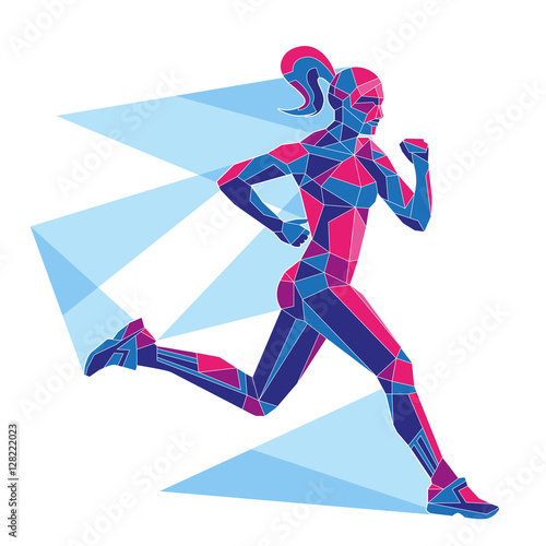 Vector image silhouette of a running girl marathon multicolored polygons shapes lines