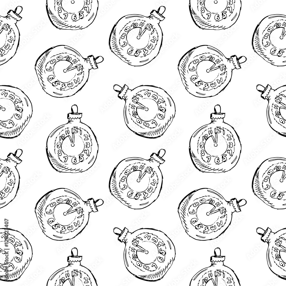 Seamless pattern of vintage hand drawn balls and clock toys. Christmas and New Year design elements