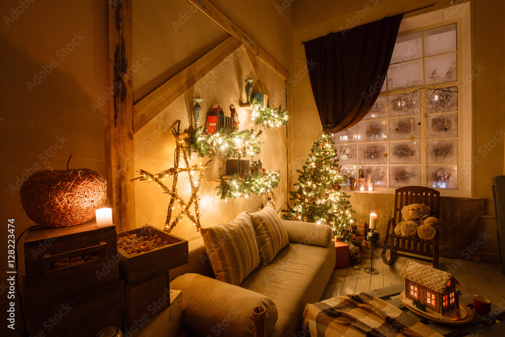 Calm image of interior modern home living room decorated christmas tree