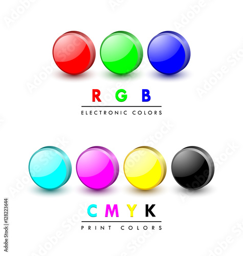 Three dimensional rgb and cmyk color icons on white background
