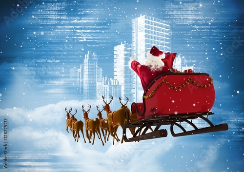 Santa clause riding reindeer sleigh against the city