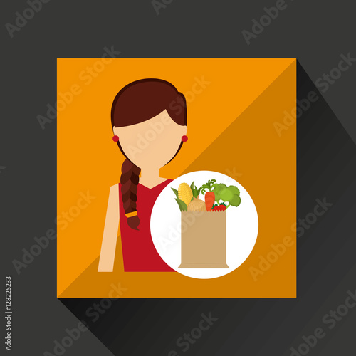 cartoon girl red dress grocery bag vegetables vector illustration eps 10