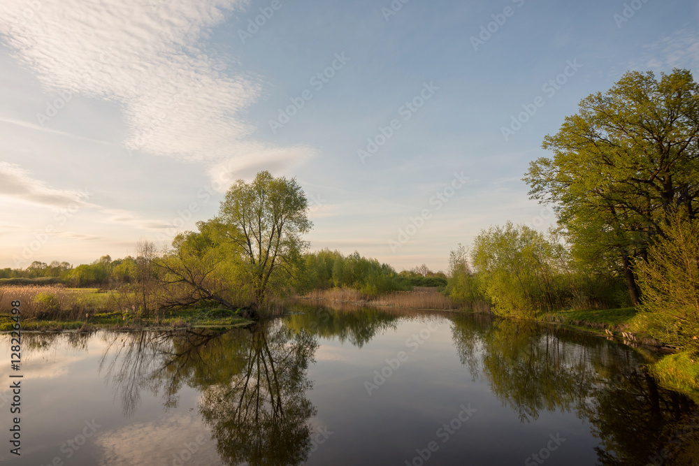 Rural river. Blue sky and sunset. Summer time.