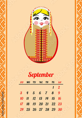 Calendar with nested dolls 2017. September. Matryoshka with different Russian national ornament. 2017 design. Week Starts Sunday. Vector illustration. Eps 10.