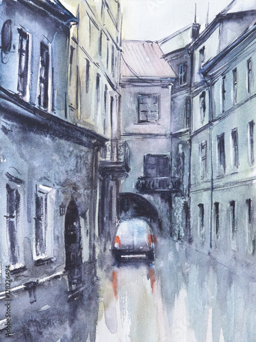 Old city street at rainy day.Picture created with watercolors.
