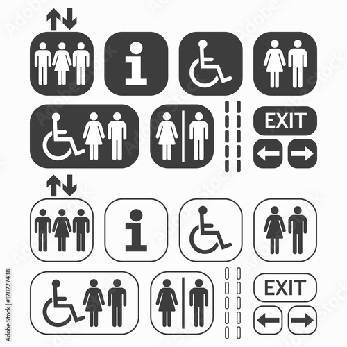 black line and silhouette Man and Woman public access icons set on white background
