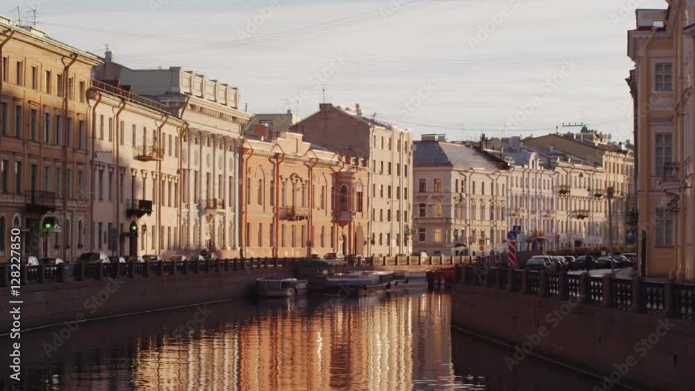 Clear shot of classic embankment in historic center of the city. Moyka Fontanka river Clear shot of classic embankment in historic center of the city. Moyka Fontanka river