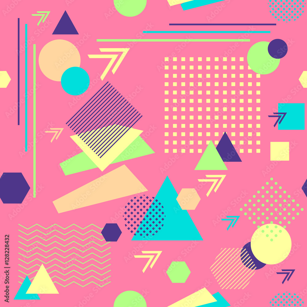 Abstract seamless pattern in postmodern Memphis Style on pink Abstract seamless pattern in postmodern Memphis Style on pink