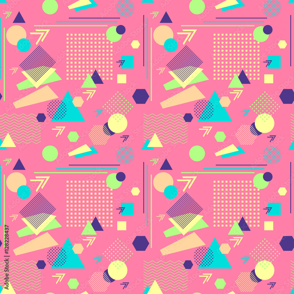Abstract seamless pattern in postmodern Memphis Style on pink