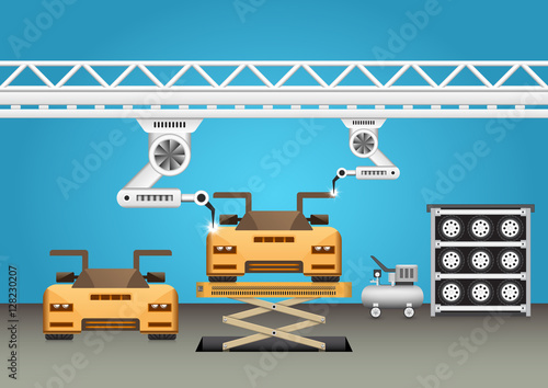 Vector of automotive manufacturing with robots , blue background. photo