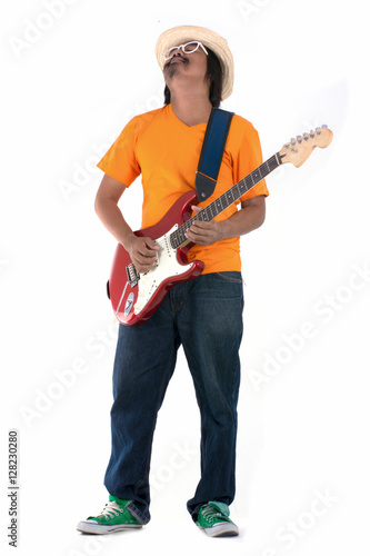 guitarist plays on the electric guitar with bright emotions, iso