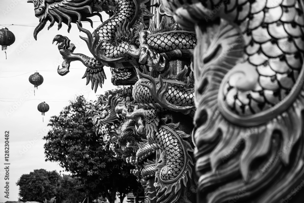 Dargon statue on Shrine roof no White background and black ,dragon statue on china temple roof as asian art