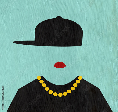 woman wearing hip hop fashion and necklace on wood grain texture