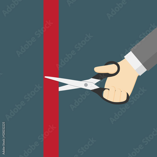 Grand Opening Illustration. Hand Cutting Red Ribbon With Scissor
