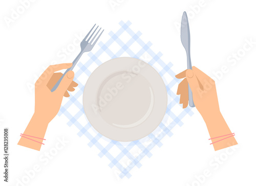Female hands with steel fork and knife and empty plate on a table napkin. Flat concept illustration of dishware and silverware. Vector elements for web design, social networks and inforaphics.