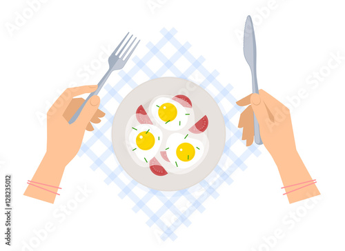 Breakfast: female hands with steel fork and knife, ceramic plate with scrambled eggs on a table napkin. Flat vector concept illustration of kitchen utensils and food isolated on a white background.