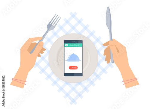 Woman is ordering meal in restaurant by phone. Flat vector concept illustration of hands with fork and knife, plate on a table napkin, smartphone with dish icon and order button. Food online delivery.