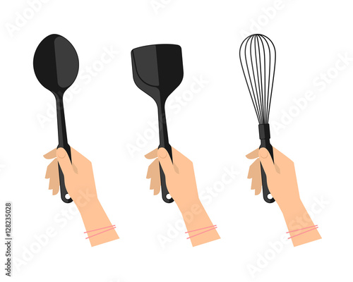 Female hands with kitchen utensils: ladle, spoon, spatula and whisk. Flat illustration of kitchenware  and cooking tools. Vector element for web design and inforaphics.