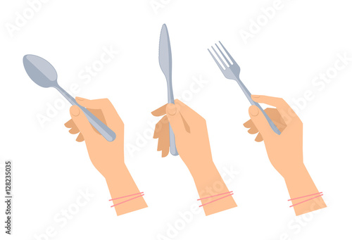 Female hands with cutleries: steel spoon, fork and knife. Flat illustration of kitchenware and silverware. Vector elements for web design, social networks and inforaphics.