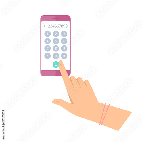 Woman is dialing number on the phone. Flat vector concept illustration of female hand and smartphone. Businesswoman touching buttons with numbers on the mobile phone screen to make a phone call.