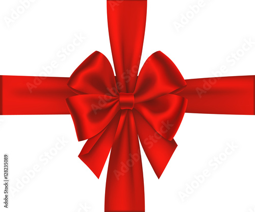 Decorative red bow with horizontal and vertical  ribbon isolated on white. Vector bow for gift decor