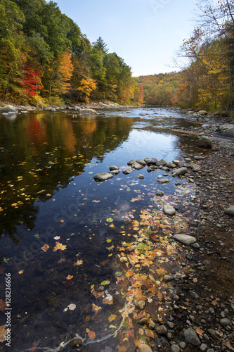 Colorful fall foliage along the Farmington River in Canton, Connecticut. © duke2015