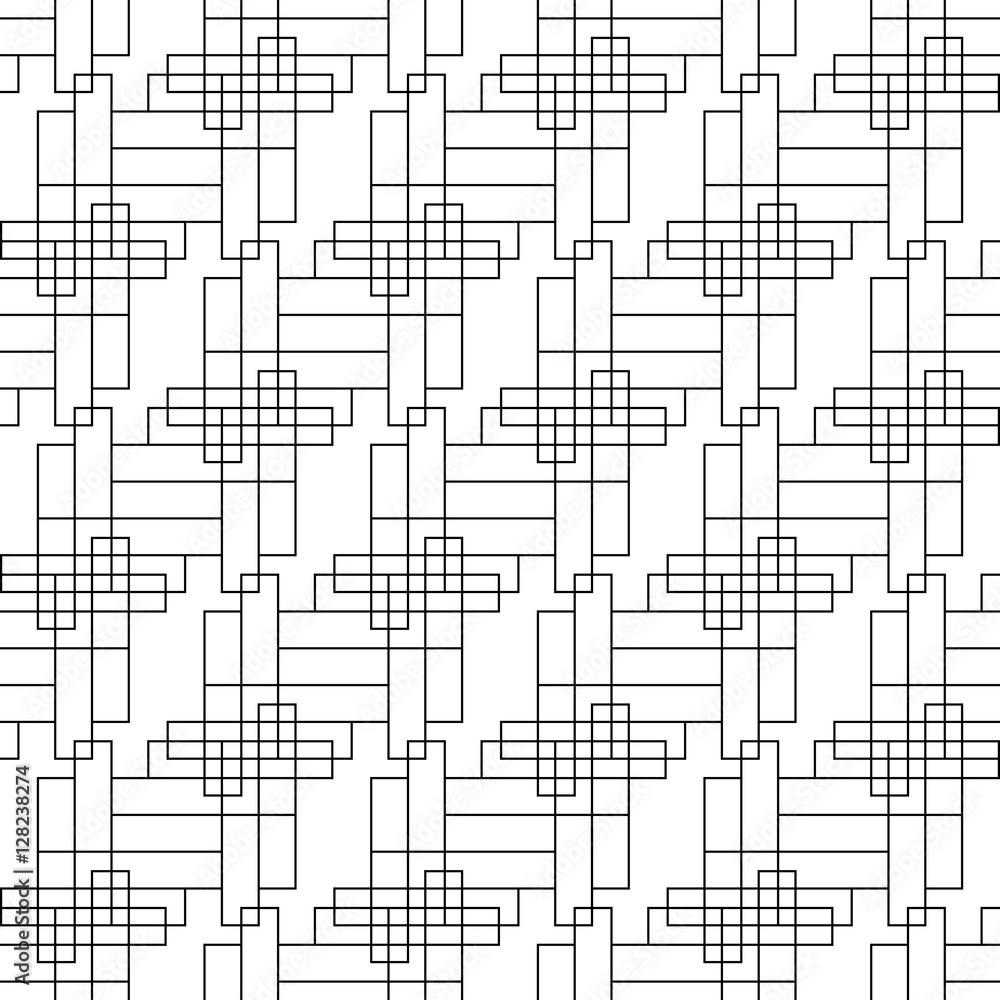 Seamless pattern. It consists of geometric shapes, arranged on a white background. Plain. Useful as design element for texture and artistic compositions.