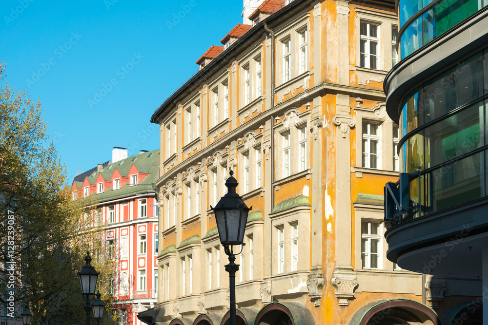 Fototapeta premium Traditional street view of old buildings in Munich, Bavaria, Ger