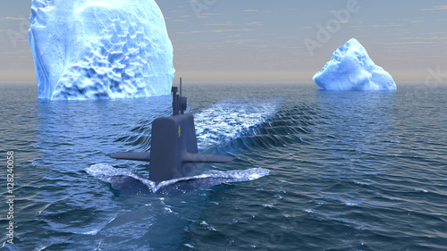 Computer generated submarine travelling on the surface of the Arctic ocean photo