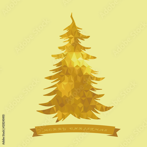 Merry Christmas card, golden Christmas tree