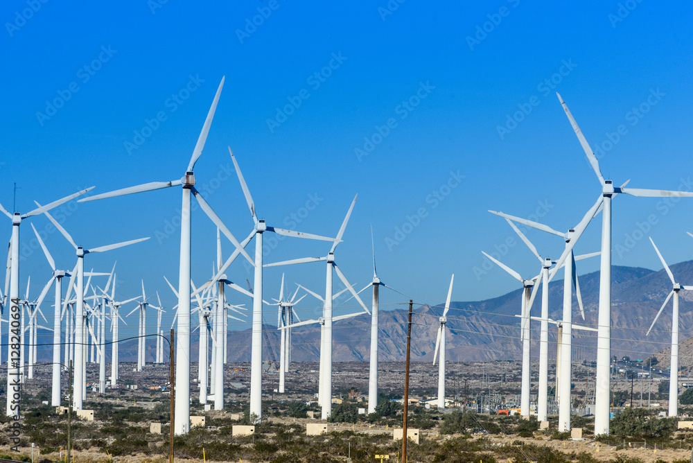 Wind turbines with 3 blades in desert Wind turbines with 3 blades in desert
