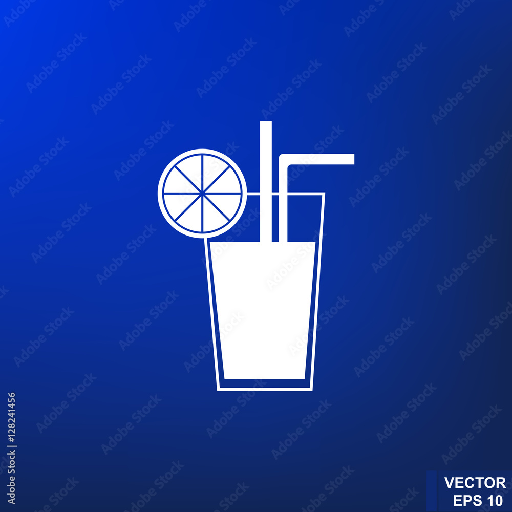 Black silhouette. Isolated on a blue background. Icon glass of juice. For your design. Black silhouette. Isolated on a blue background. Icon glass of juice. For your design.