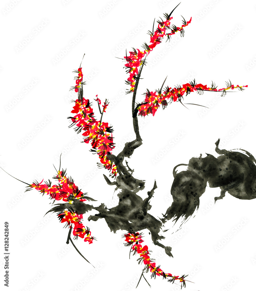 Fototapeta premium A branch of a blossoming tree. Pink flowers of sakura . Watercolor and ink illustration in style sumi-e, u-sin. Oriental traditional painting. Isolated on white background.