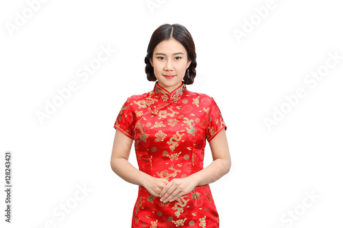 Asian woman in cheongsam dress(qipao), The national dress of Chinese people isolated on white background, Happy chinese new year.