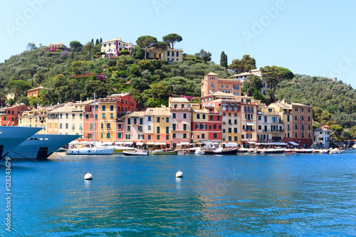 Portofino port with colorful houses, boats and Mediterranean Sea, Italy