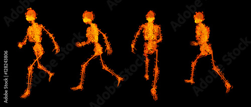 3d render walking skeleton by X-rays in red