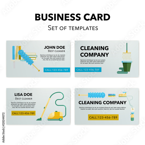 Cleaning company business cards set. 