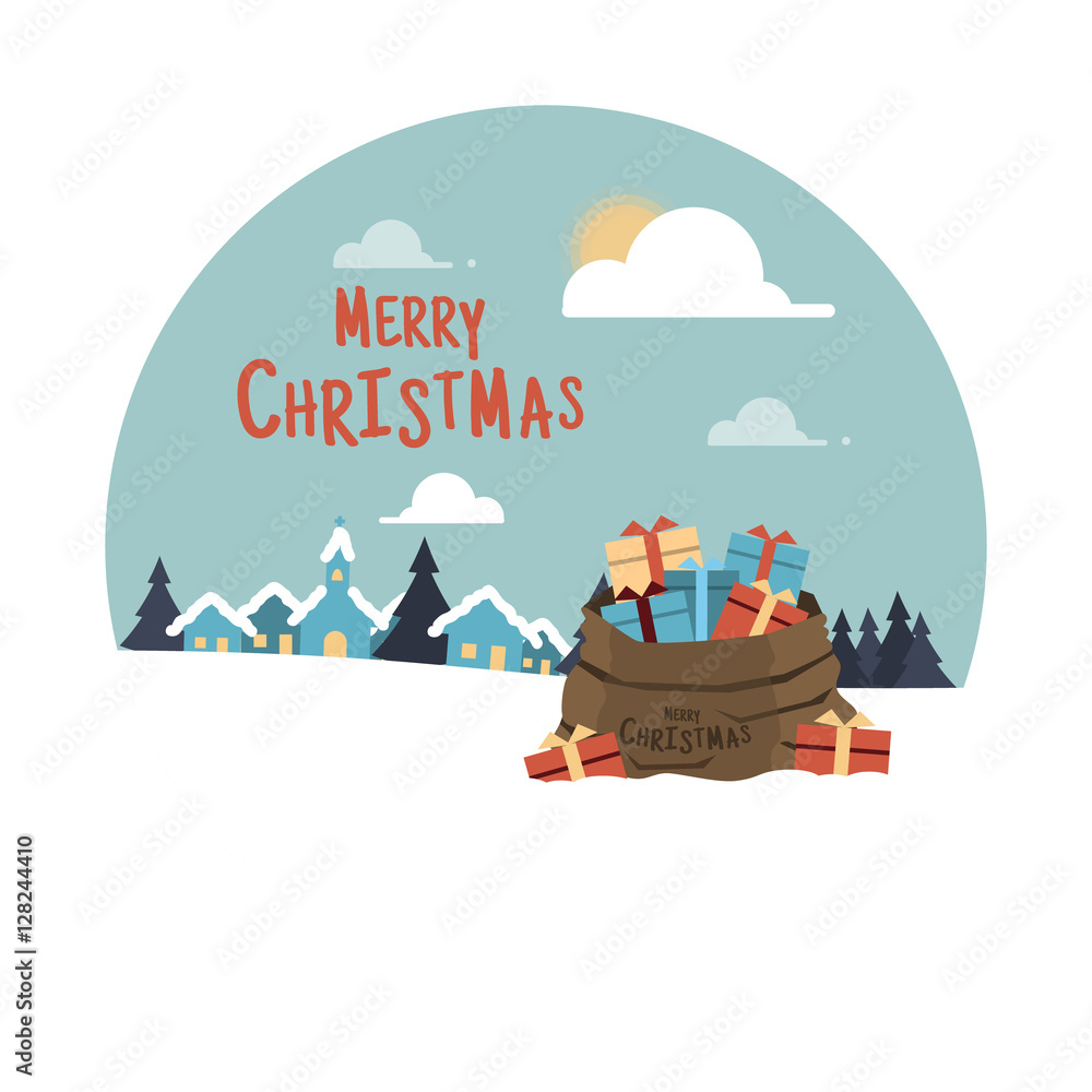 Naklejka premium Merry Christmas. Santa Claus a ski to delivering Christmas gift