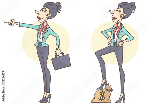 Confident, stylish and successful business woman in determined poses, looking ahead, set of two postures, vector cartoon.