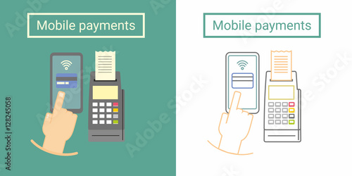 Mobile payment design concept with terminal and hand hand push on phone screen. Flat and linear symbol or icon design
