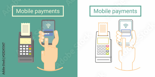Mobile payment design concept with terminal and hand holding phone and push on screen. Flat and linear symbol or icon design