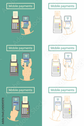 Mobile payment set of flat and linear symbol or icon design with phone and terminal