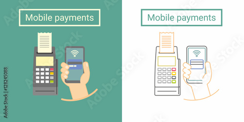 Mobile payment design concept with terminal and hand holding phone. Flat and linear symbol or icon design