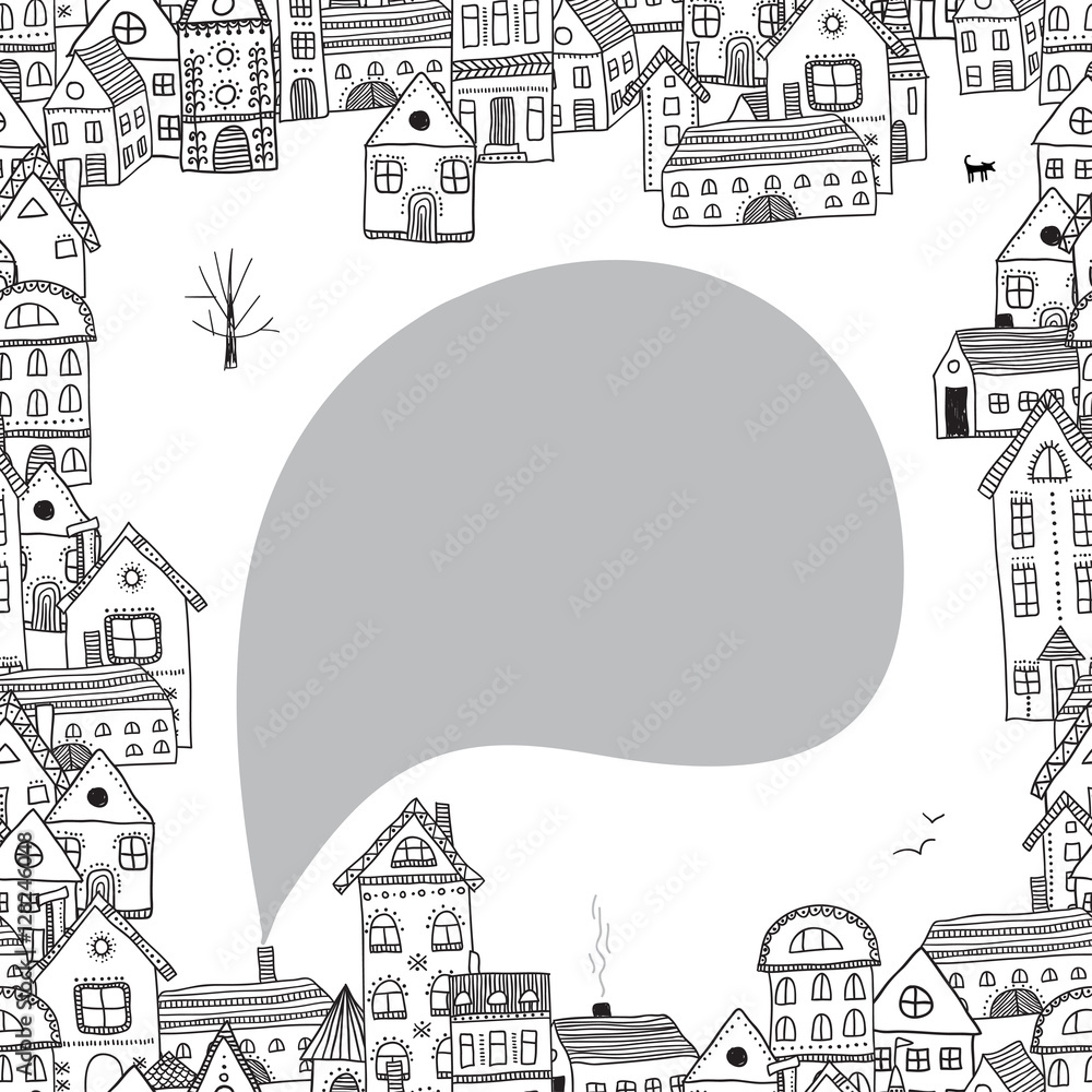 Houses frame with speech and thought bubble for your text