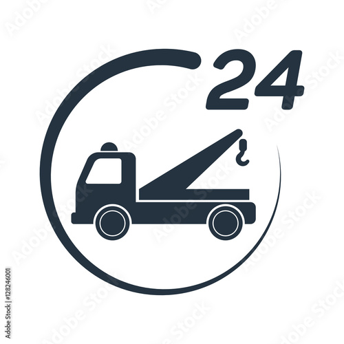 car tow service, 24 hours, truck , solated icon on white backgro
