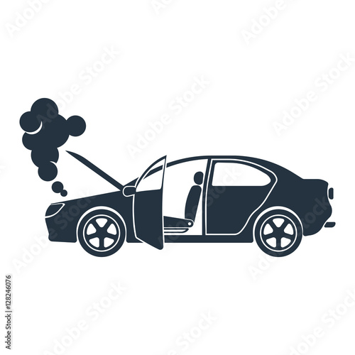 crash, smoke, open hood, door, isolated icon on white background