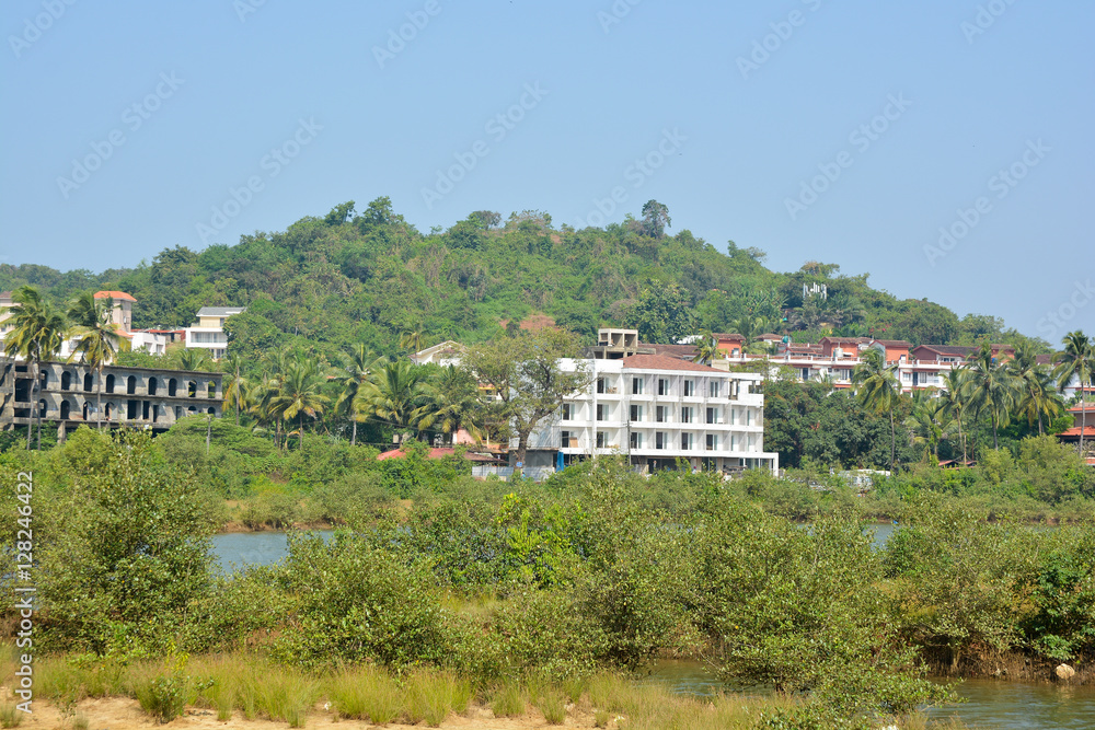 The Baga river in Goa with a view of the hotel. India 