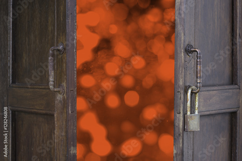 abstract open old wood window to red boekh chrismas event - can use to display or montage on product photo